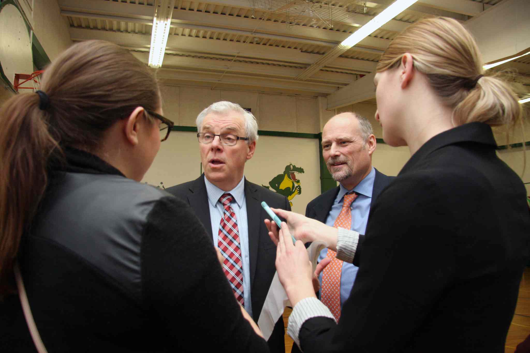 Brandon Sun Manitoba NDP Premier Greg Selinger and Brandon East MLA Drew Caldwell speak to reporters following the announcement of a new gymnasium for Green Acres school in the Brandon School Division. (Matt Goerzen/Brandon Sun-file)