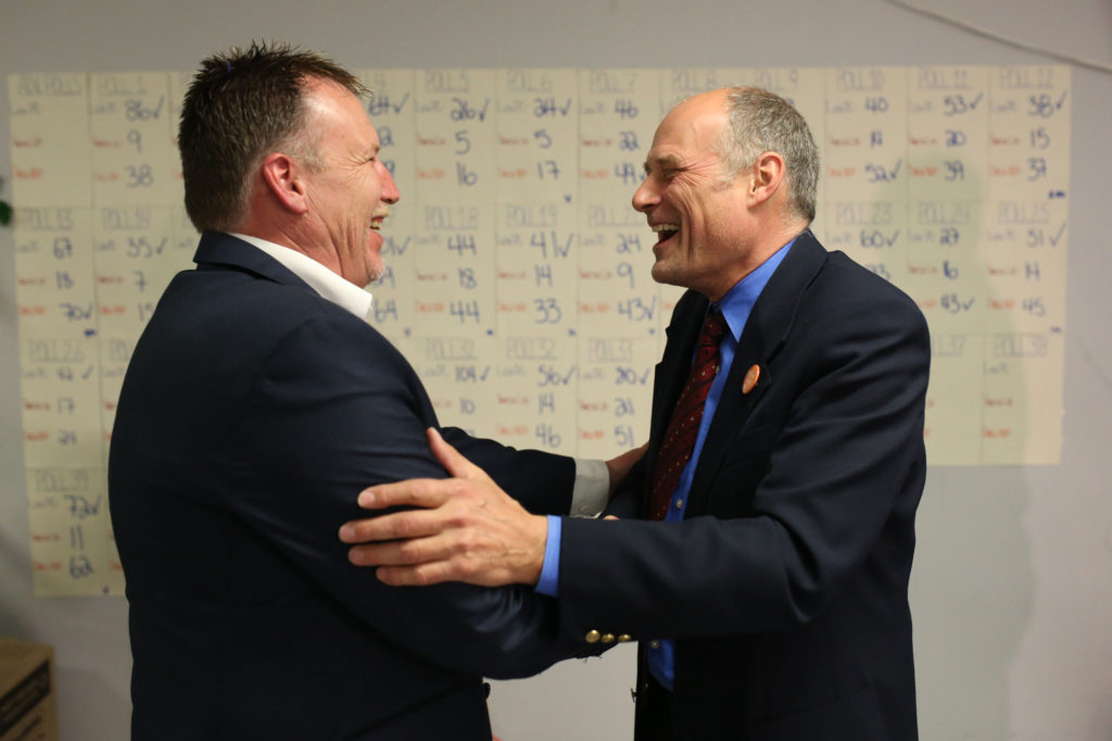 Former MLA Drew Caldwell congratulates MLA elect Len Isleifson following Tuesday's historic win. - Brandon Sun. 2016