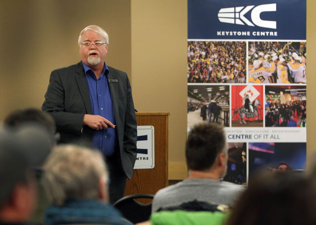 Keystone Centre general manager Neil Thomson explains plans for new additions to the centre in this 2015 photo. 