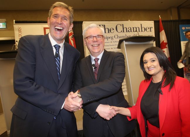 The three provincial leaders pose for a photo prior to a recent debate. Brandon Sun. 2016