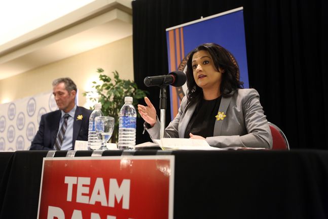 Manitoba Liberal Leader Rana Bokhari speaks at a Brandon Chamber of Commerce debate during the provincial election campaign in April. Bokhari has stepped down as Liberal leader.