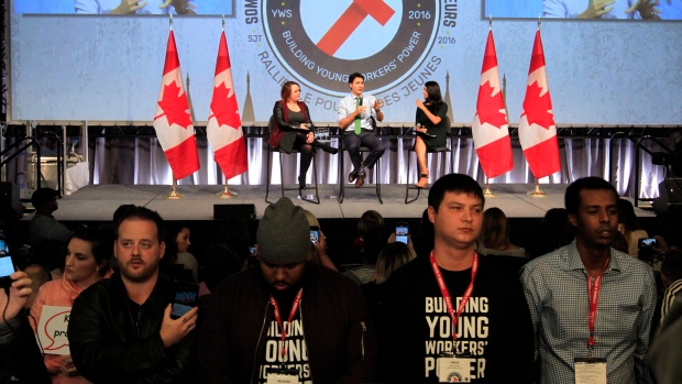 Students turn their back on the Prime Minister at a recent youth event. (The Canadian Press- Brandon Sun)